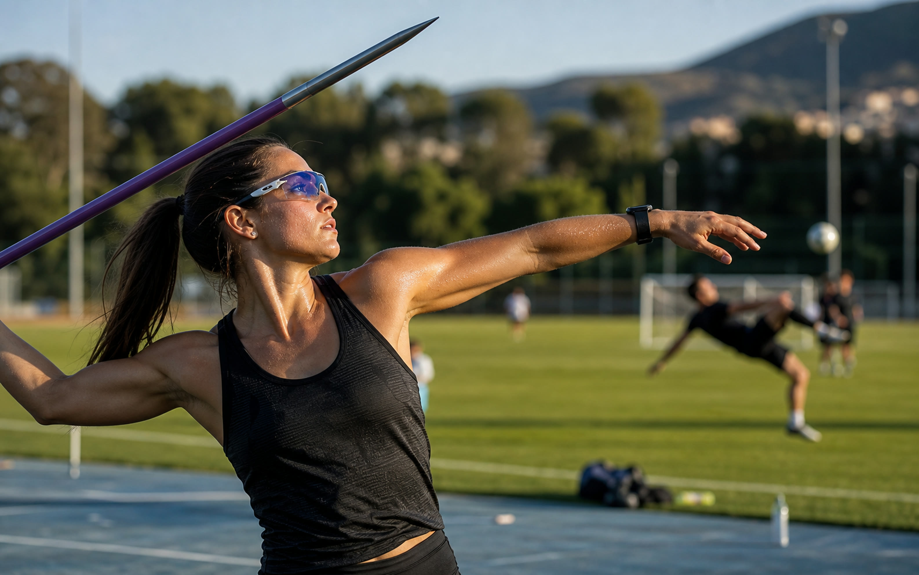 Atleta anónima de jabalina usando gafas deportivas ligeras durante un lanzamiento preciso.